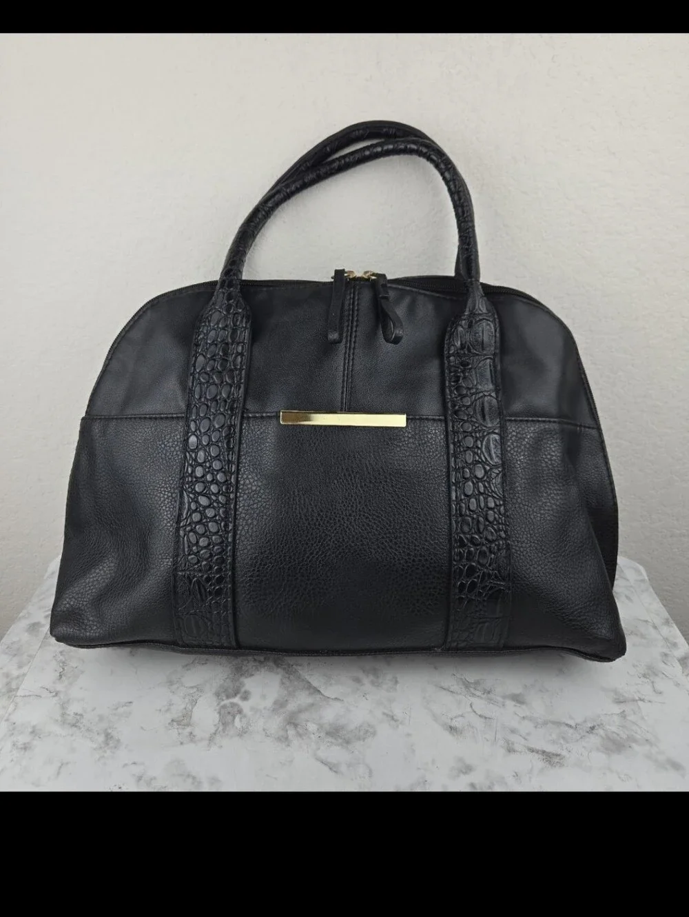 Classic Black Satchel Handbag with Gold Accent